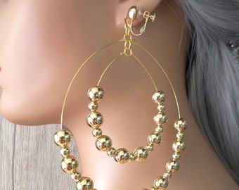 1 pair of gold tone CLIP ON hoop drop earrings - 5" long gold tone layered bead drop earrings for pierced or non pierced ears, Big earrings