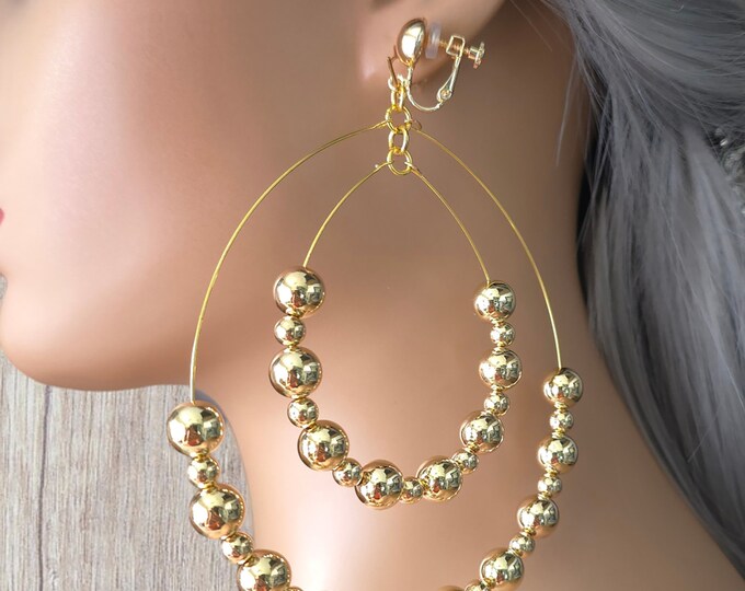 1 pair of gold tone CLIP ON hoop drop earrings - 5" long gold tone layered bead drop earrings for pierced or non pierced ears, Big earrings