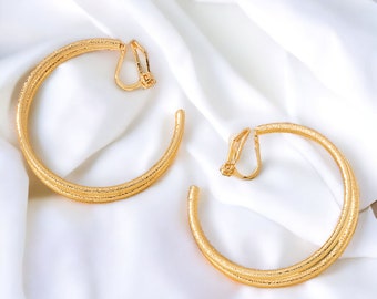1 pair of 1.5" gold tone CLIP-ON C shape double row hoop earrings - Clip on for non pierced ears - Big fab hoops   #nh6
