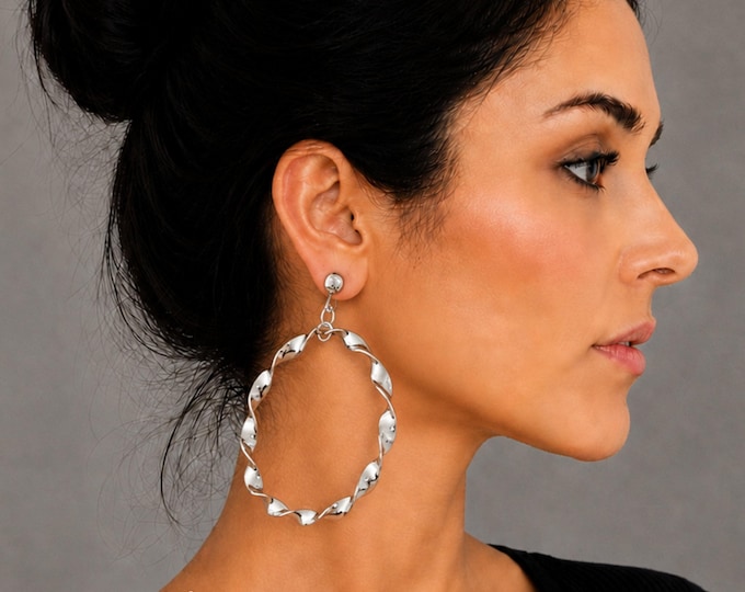 Silver Tone Twisted Clip On Earrings – Oversized Statement Spiral Drop Hoops for Non Pierced Ears – 3.5" – 9cm