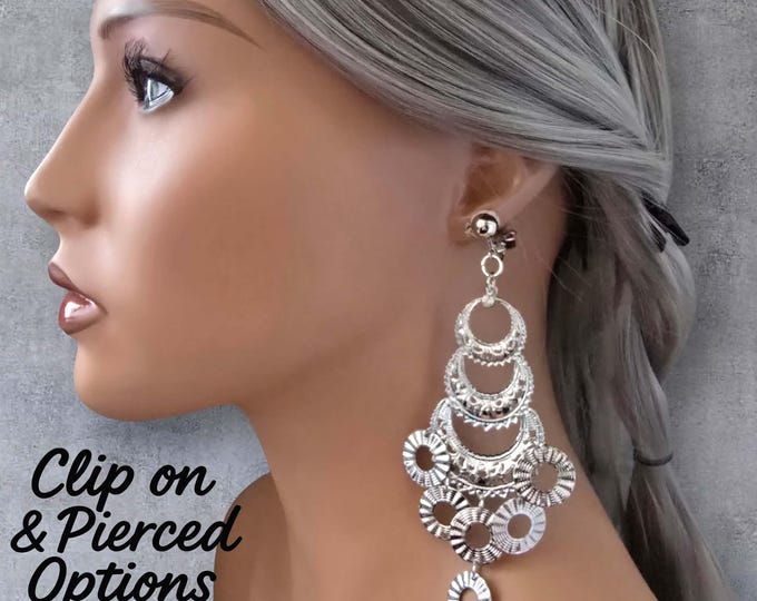 Vintage Silver Tone CLIP-ON Statement Chandelier Earrings, Big Dangling Multi Hoop Design, Lightweight Glam Dangle Earrings Non Pierced Ears