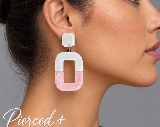 Pink & White Geometric Clip On Earrings – Large Acrylic Retro Statement Earrings – 2.75" – 7cm