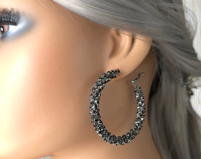 1 pair hematite tone & black diamante CLIP ON hoop earrings - 2" diameter hematite colored hoops with sparkly black diamante - rhinestones