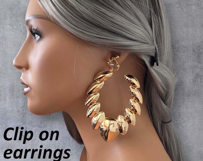 Gold Tone Clip-On Hoop Earrings – 4" Oversized Chunky Puffed C Style Hoops – Big Thick Oval Creole Clip On Earrings for Women