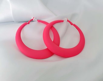 1 pair of NEON - fluorescent PINK big chunky clip on hoop earrings - 2.75" big bright painted hoops - non pierced - pierced option