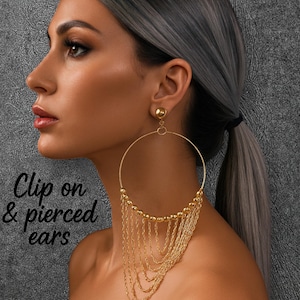 GOLD Clip-On Statement Creolen • Extra Große 6,5 "Kette Wasserfall Creolen • Große, bold Glam Baumeln Ohrringe • Nicht durchbohrt
