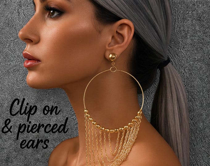 GOLD Clip On Statement Hoop Earrings • Extra Large 6.5" Chain Waterfall Hoops • Big Bold Glam Dangle Earrings • Non Pierced
