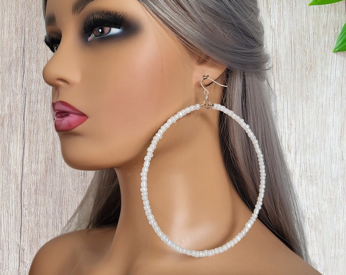 1 pair of XL white faux pearl glass seed bead hoop earrings - Clip on or pierced options - Huge 4.35" diameter, lightweight hoops,