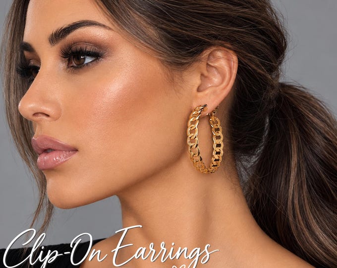 CLIP ON Gold Tone Chain Hoop Earrings, Non Pierced Statement Earrings,  2" / 5cm