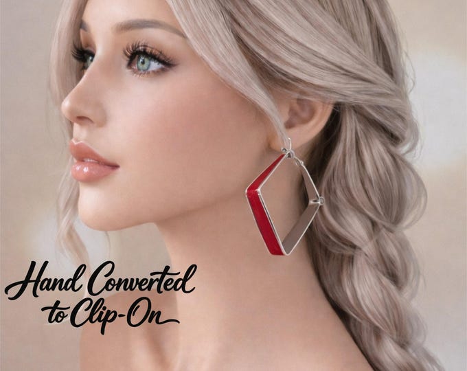 Clip On Hoop Earrings Silver Tone & Red Enamel | 2.25" Wide Flat Square Hoops