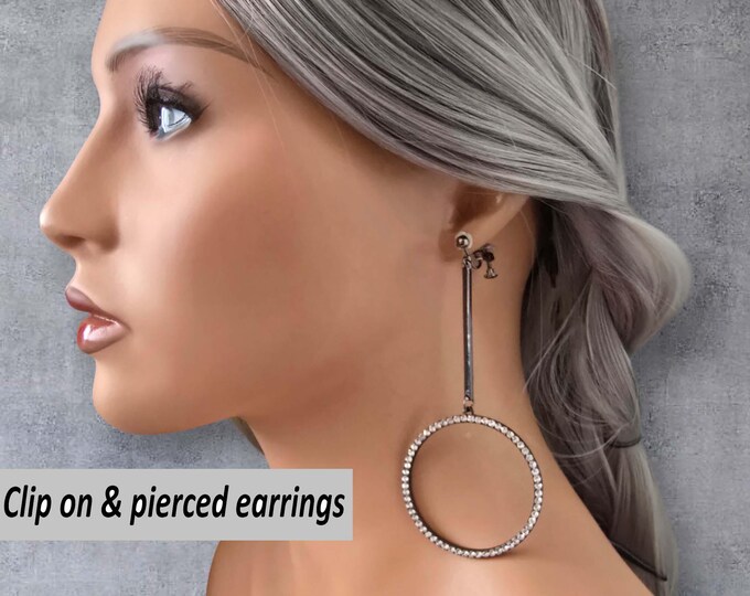 CLIP ON drop earrings, 4.5" long hematite tone & diamante earrings, non pierced ears, ear clips, long stylish - classy statement earrings