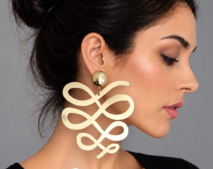 Oversized Gold Tone Statement Clip-On Earrings – Extra Large Swirl Dangle Earring - 3.75" – 9.5cm