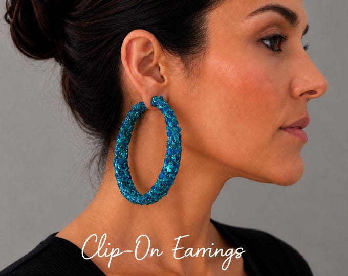 CLIP ON Turquoise Hoop Earrings, Sequin Fabric Wrapped Chunky Hoops, Big Statement Earrings, Non Pierced & Pierced, 3.1" - 8cm