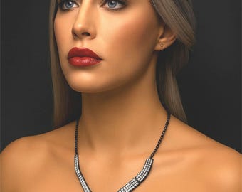 Black Crystal V-Shaped Statement Necklace – 18" Sparkly Rhinestone Choker – Adjustable Evening Necklace