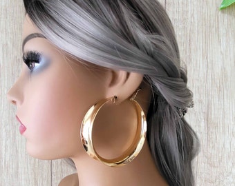 Big Gold clip on hoop earrings - 1 pair 2.5" extra wide CLIP ON concave tube hoop earrings, Gold or Silver tone, pierced,  pierced options *