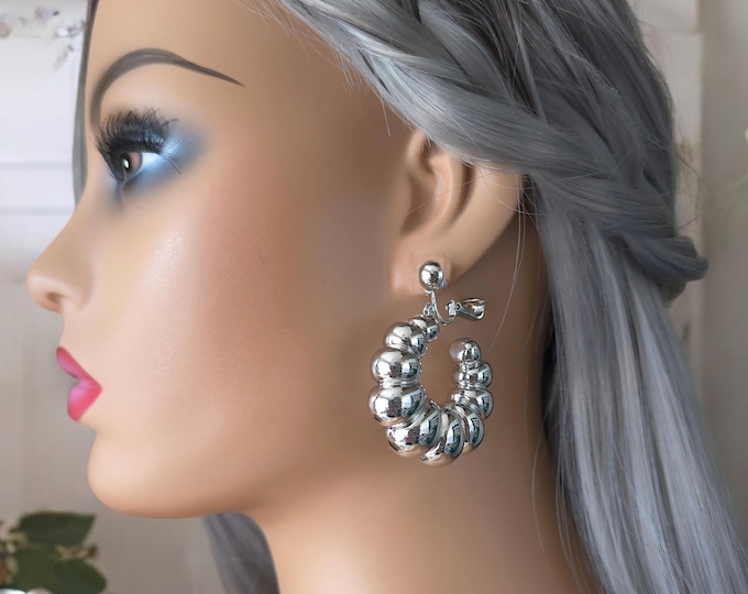 1 pair silver CLIP ON hoop earrings - 2" long big chunky wide CCB C shape hoop drop earrings for non pierced, Bright silver non tarnish