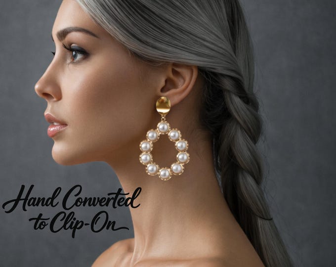 Gold Tone & Pearl Statement Hoop Drop Earrings – Clip On Earrings for Non Pierced Ears
