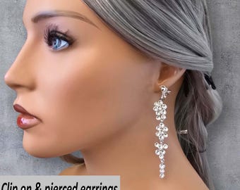 CLIP ON Long Drop Earrings, 3.5" Elegant Long Bridal Earrings – Silver Tone Rhinestone Dangle Jewelry For Non Pierced Ears
