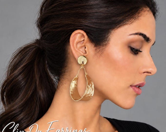 Gold Tone Clip-On Hoop Drop Earrings – Large Wide statement Earrings for Non-Pierced Ears – 2.75" / 7.2cm