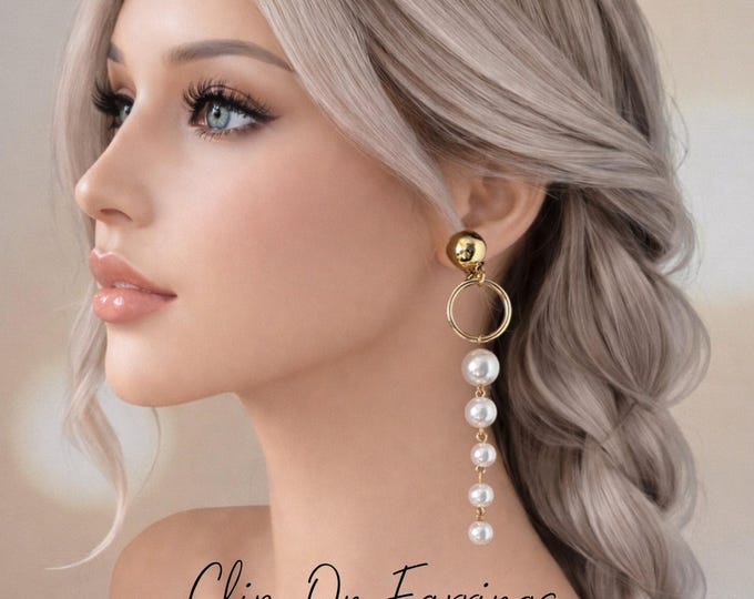 Clip-On Pearl Dangle Earrings - Elegant Bridal Jewellery - 4"- 10cm