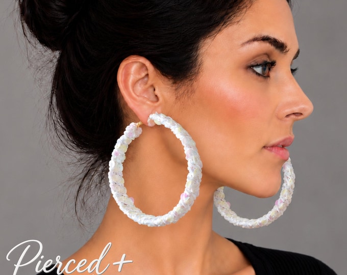 CLIP ON White Hoop Earrings, Sequin Fabric Wrapped Chunky Hoops, Big Statement Earrings, Non Pierced & Pierced, 3.1" - 8cm