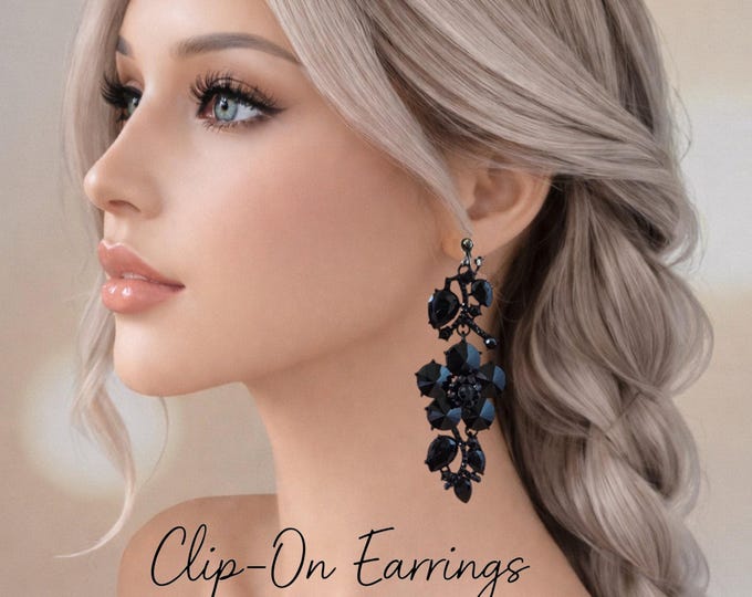 Black Crystal Chandelier Clip-On Earrings, Bridal Statement Drop Wedding Jewellery - 3.75" - 9.5cm