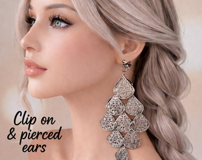 Filigree Chandelier Earrings – Hematite Tone Metal, Lightweight, Clip-On Option