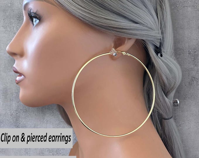 Clip On Hoop Earrings - Big Hoop Earrings 4" - 10cm – Classic Plain Wire Round Hoops – Gold, Silver, Rose Gold – Pierced or Clip-On options