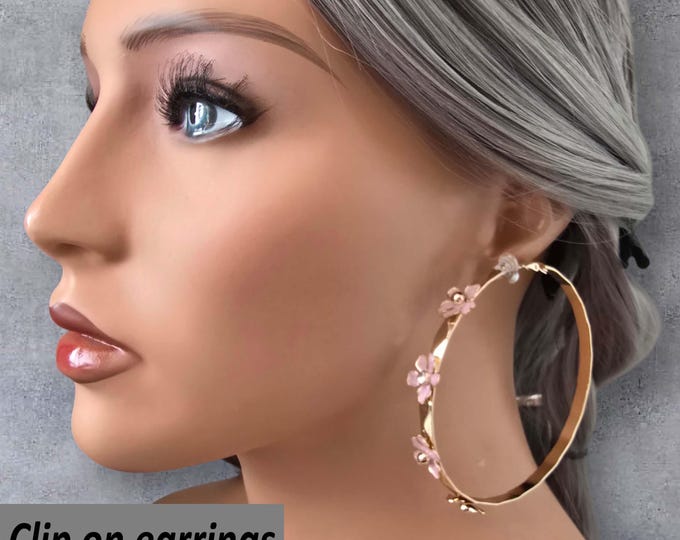 CLIP ON Hoop Earrings, Eye-Catching 3” Gold Tone Clip-On Hoops with Pink Flower Detail, Non Pierced, Clip on hoop Earrings, Gift for Her