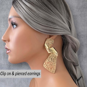CLIP ON drop earrings, 4&quot; long gold tone patterned chunky twisted design earrings, non pierced ears, ear clips, Big statement earrings