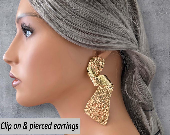 CLIP ON drop earrings, 4" long gold tone patterned chunky twisted design earrings, non pierced ears, ear clips, Big statement earrings