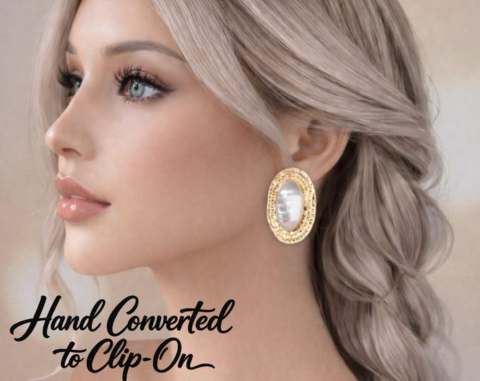 Large Gold Tone Pearl Clip On Earrings for Women | Vintage Style Oval Statement Earrings | Non Pierced | Retro Elegant Jewelry Gift