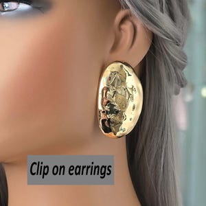 CLIP ON stud earrings - 2.25" gold tone stylish long irregular design textured big stud - drop earrings - oversized non pierced earrings
