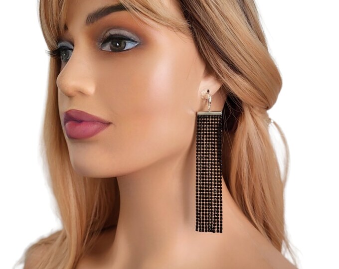 1 pair of 4.5" long BLACK diamante waterfall shoulder duster drop earrings - clip on or pierced options available - Longer - shorter options