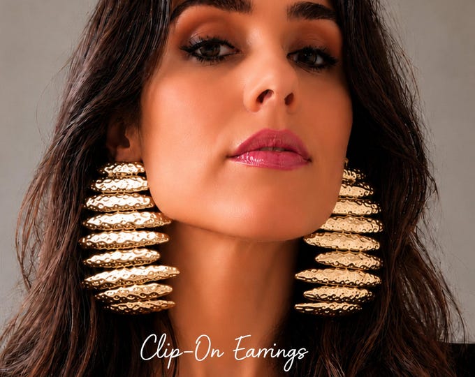 Giant Hammered Gold Tone Clip On Earrings – Abstract Statement Jewelry