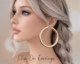 Clip On Hoop Earrings – Chunky Oversized Statement Hoops  – Gold or Silver Tone Non Pierced  – 2.75" / 6.5cm
