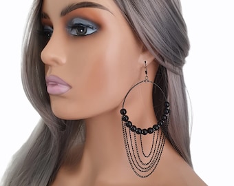 1 pair of 4.5" long black drape chain & hoop drop earrings - Clip on or pierced options - Super long statement earrings