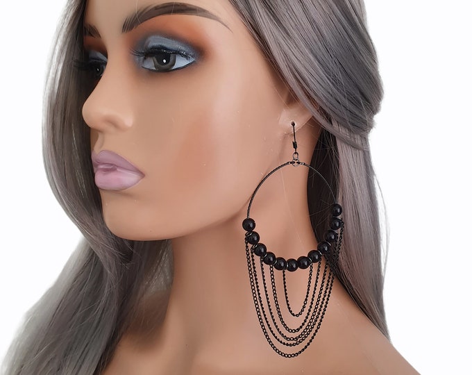 1 pair of 4.5" long black drape chain & hoop drop earrings - Clip on or pierced options - Super long statement earrings
