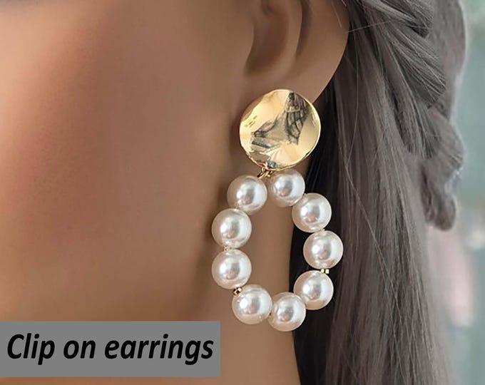 CLIP ON drop earrings - 2.25" long 18k gold plated faux pearl bead hoop drop earrings, non pierced ears, ear clips, Prom Bridal earrings
