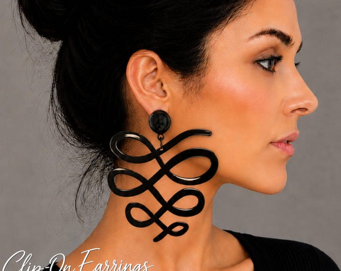 Oversized Black Statement Clip-On Earrings – Extra Large Swirl Dangle Earring - 3.75" – 9.5cm