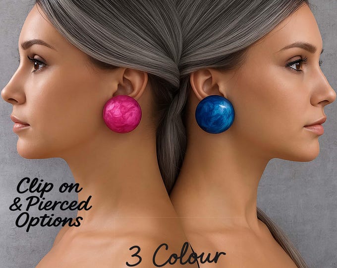 Big Chunky Swirl Resin Top Clip-On Stud Earrings | Statement Dome Earrings, Lightweight Round Clip-Ons for Non-Pierced Ears, 3 Color Options