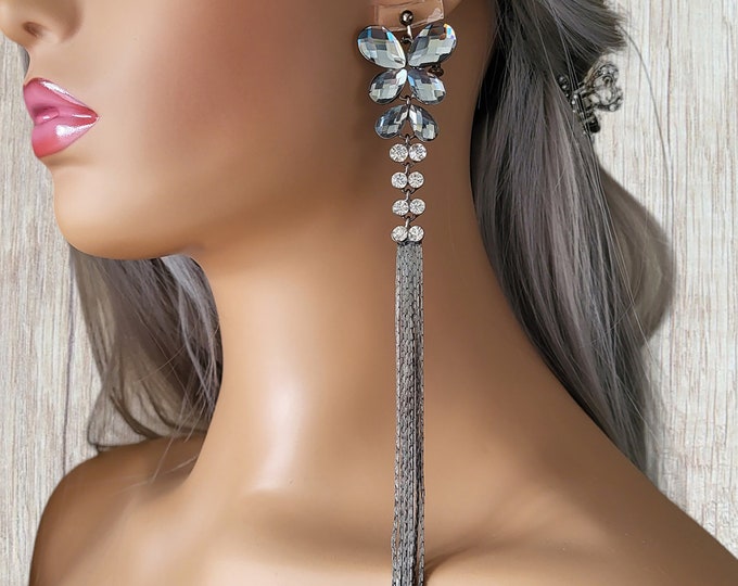 1 pair of EXTRA long CLIP ON drop earrings - 9" long hematite / gunmetal gray - diamante butterfly design waterfall chain drop earrings,