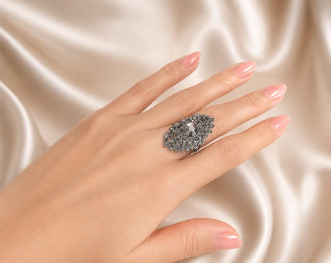 Gunmetal Grey Crystal Statement Adjustable Ring – Vintage Style Cocktail Ring
