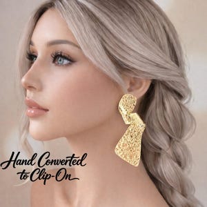 Gold Tone CLIP ON Abstract Textured Statement Drop Earrings – Bold Sculptural Geometric Dangle Earrings,