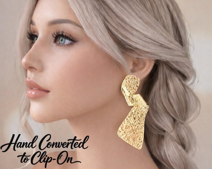 Gold Tone CLIP ON Abstract Textured Statement Drop Earrings – Bold Sculptural Geometric Dangle Earrings,