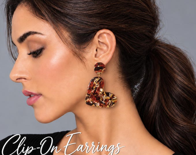 Oversized Tortoiseshell Clip On Heart Earrings – Statement Acrylic Dangle Earrings – 2.35" – 6cm