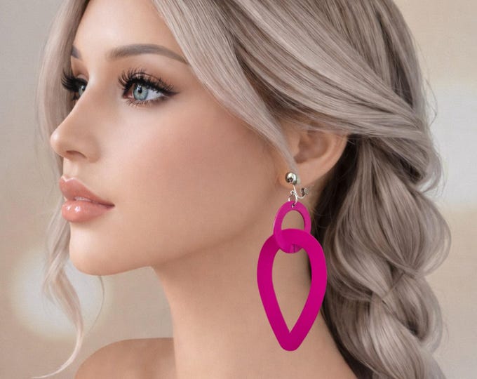 Magenta - Cerise Pink Statement Clip On Earrings - Oversized Geometric Bold Drop Earrings - 4" - 10cm