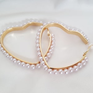 Clip on hoop earrings 3 gold tone & faux pearl bead HEART SHAPE clip on hoop earrings for non pierced ear's image 2