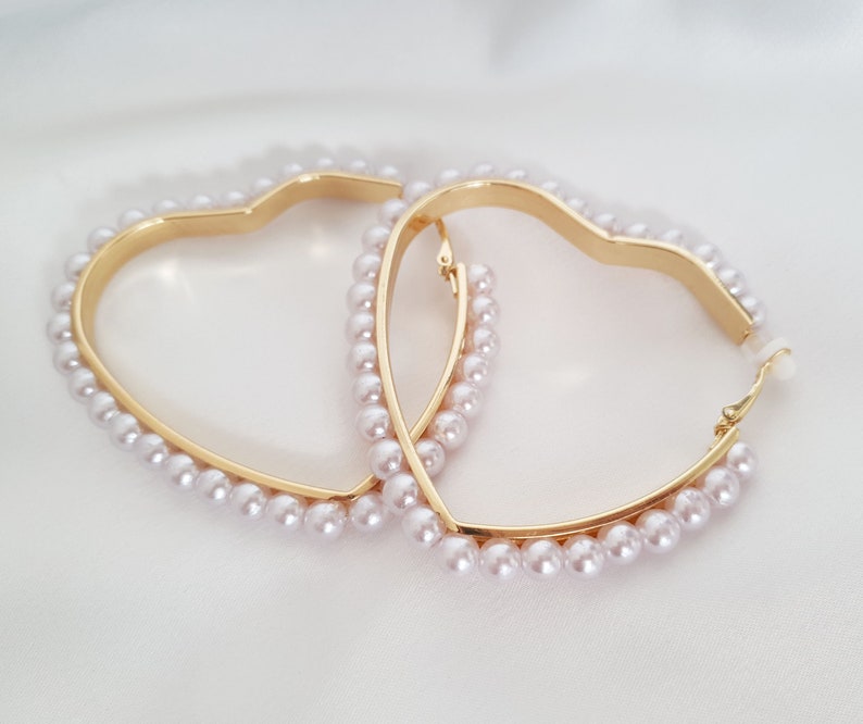 Clip on hoop earrings 3 gold tone & faux pearl bead HEART SHAPE clip on hoop earrings for non pierced ear's image 2