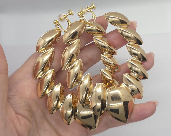 1 pair gold tone CLIP ON hoop earrings - 4" big long chunky puffed up C style hoop earrings - big chunky thick oval creole style hoops